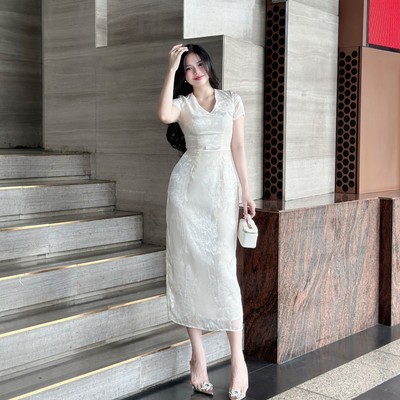 Đầm dự tiệc LILY dáng dài màu kem chất liệu tơ tằm tôn dáng, đầm thiết kế tay con đính nơ sang trọng Callene (CC470)