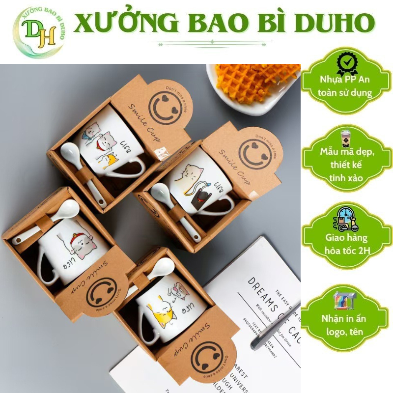 Cốc cafe, pha trà chất liệu sứ in hình họa tiết hoạt hình. Ly cốc sứ kèm muỗng, kèm hộp làm quà tặng