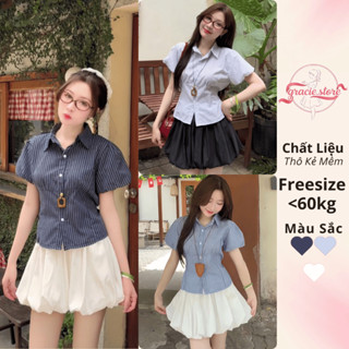 Áo Sơ Mi Nữ Ngắn Tay Bồng Cổ Đức Chiết Eo Dáng Lửng Chất Thô Kẻ Mềm Mát, Sơ Mi Nữ Kẻ Kiểu Hàn Quốc - gracie.store - A547