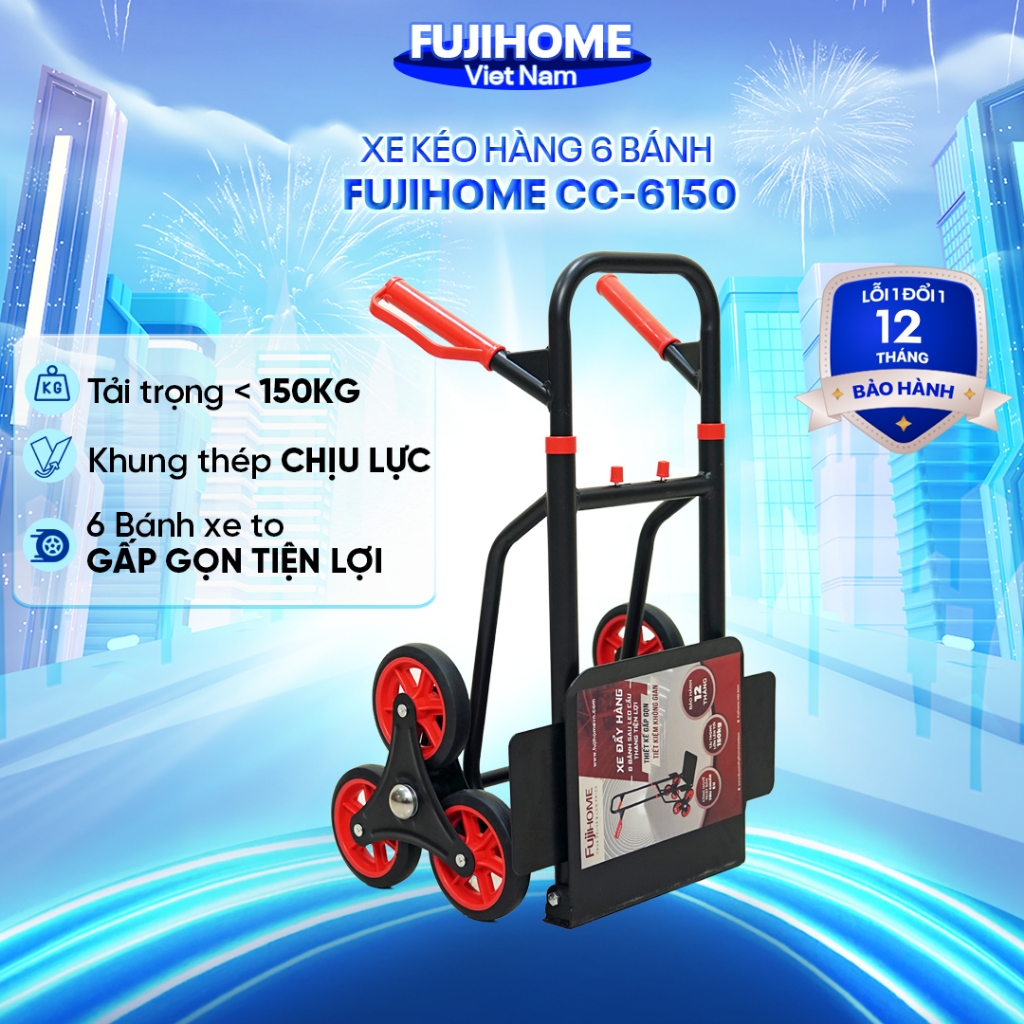 Xe đẩy hàng leo cầu thang 6 bánh 100-150kg Nhập Khẩu Fujihome, xe kéo lên xuống cầu thang xếp gọn đa