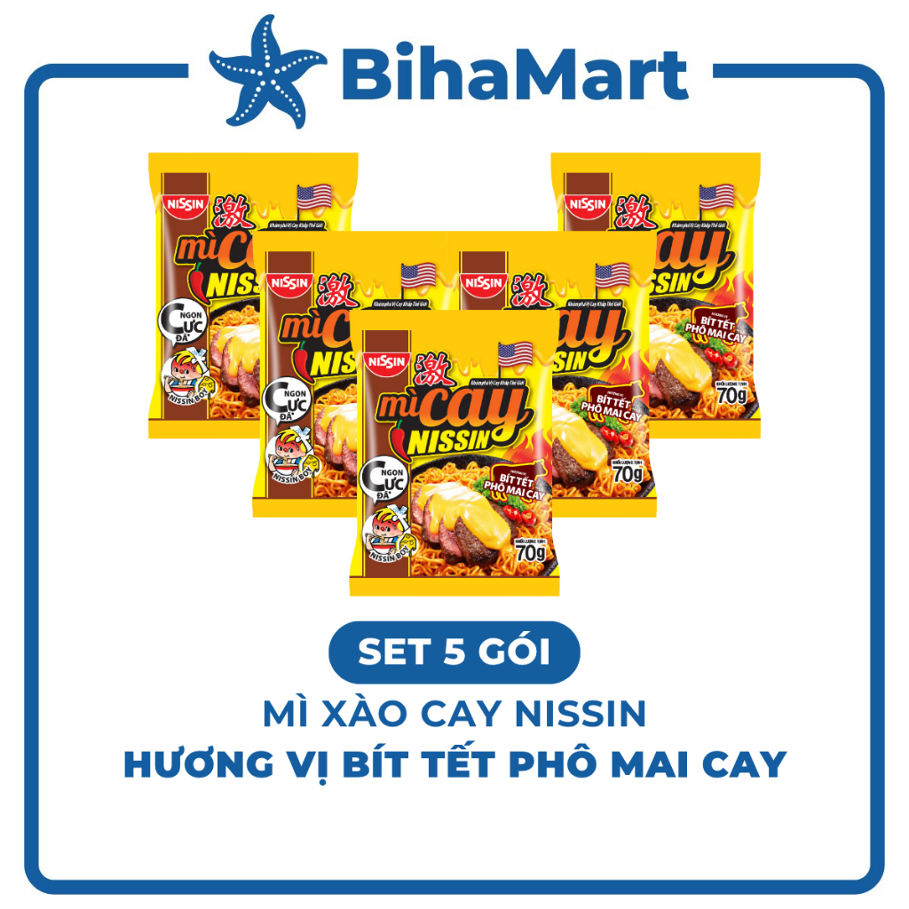 [SET5GÓI]-NISSIN- Mì xào cay Nissin Bít tết phô mai cay, Mì xào cay Bít tết phô mai cay, Mì xào ăn l