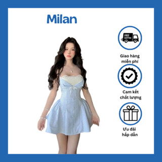 Váy Kẻ Xanh Thô Bồng Ngực Phối Ren Khuy Ngọc Dáng Xòe Siêu Xinh (V157)