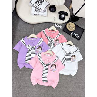   15-35kg  Áo phông polo  kẻ cà vạt Mẫu 2 cho bé gái 4 màu kèm khăn 