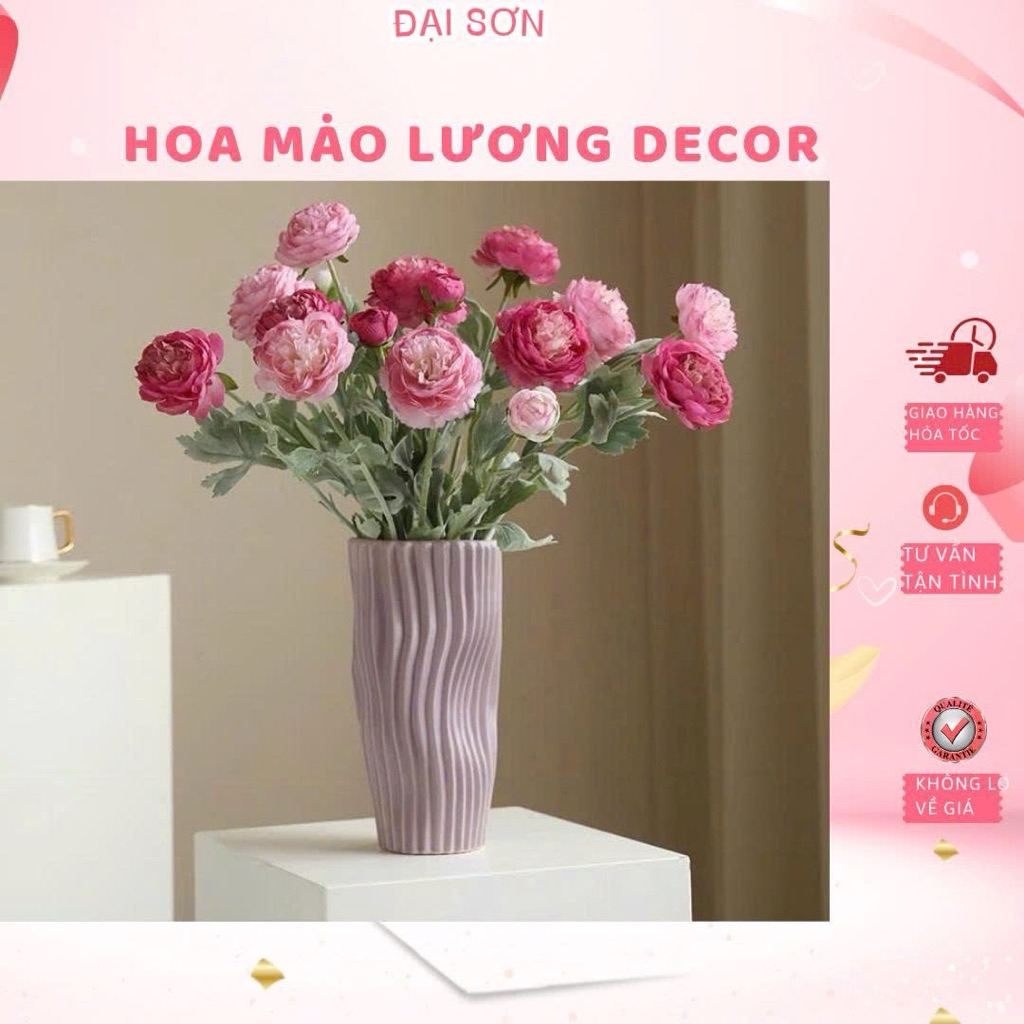 Hoa Lụa Hoa Mao Lương Lá Bạc Thân Phấn Phủ Lông Decor Trang Trí Nhà Cửa, Hoa Hồng Mẫu Đơn, Hoa Giả Cao Cấp