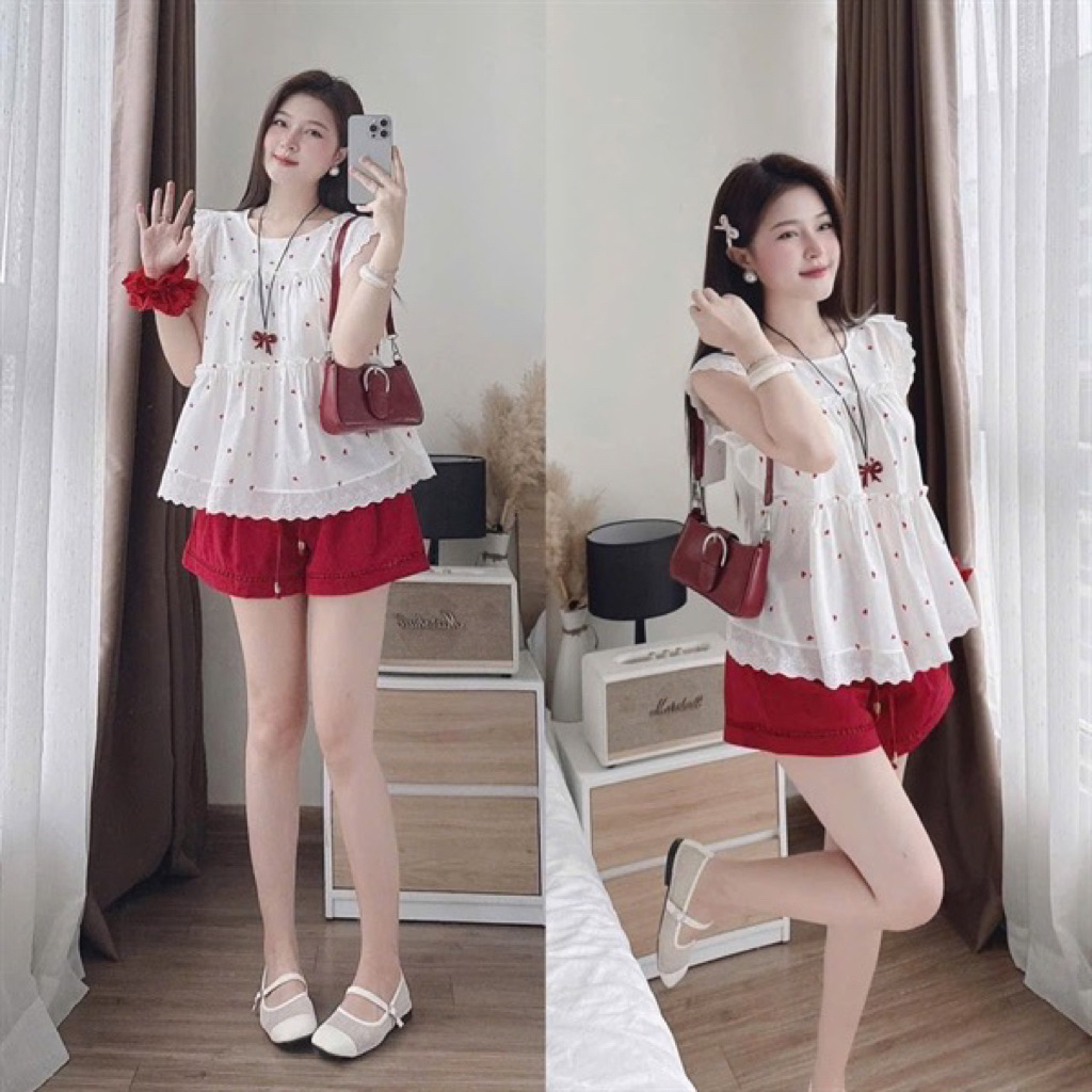 Hion Store - Set áo trắng tim đỏ + short đỏ