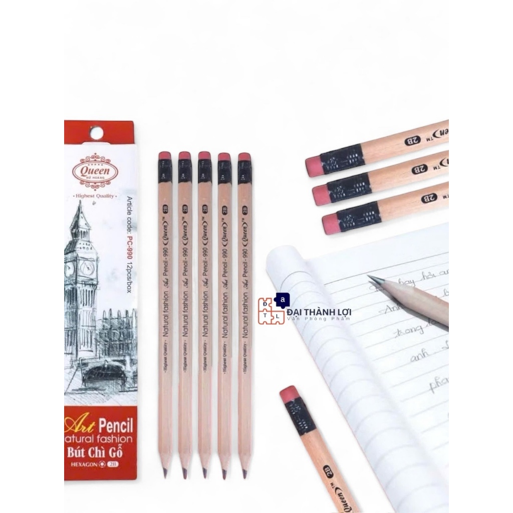 Hộp 12 Bút chì 2B Queen - Thân gỗ cao cấp - 2B Art Pencil PC-990