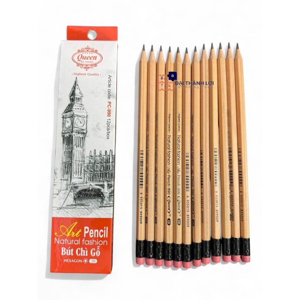 Hộp 12 CÂY Bút chì 2B Queen  - Thân gỗ cao cấp - 2B Art Pencil PC-990