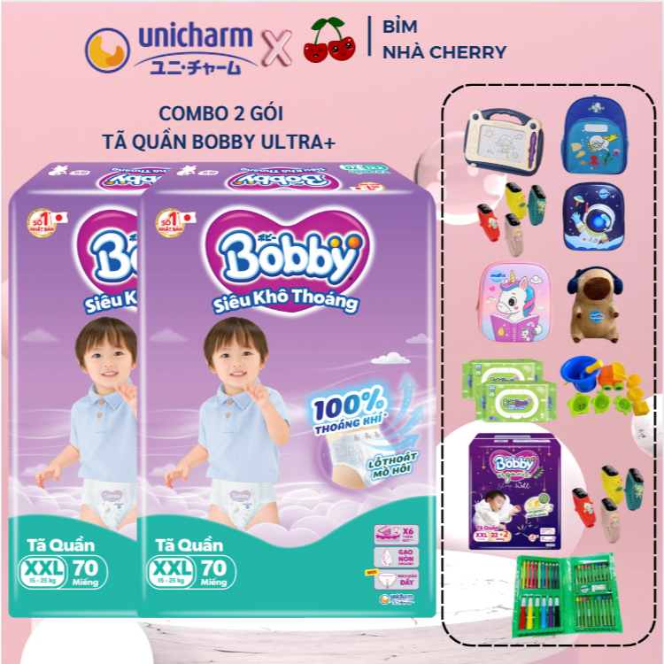 COMBO 2 GÓI Tã quần Bobby Ultra / Bỉm quần Bobby Ultra siêu khô thoáng đủ size cho bé M96/L88/XXL70