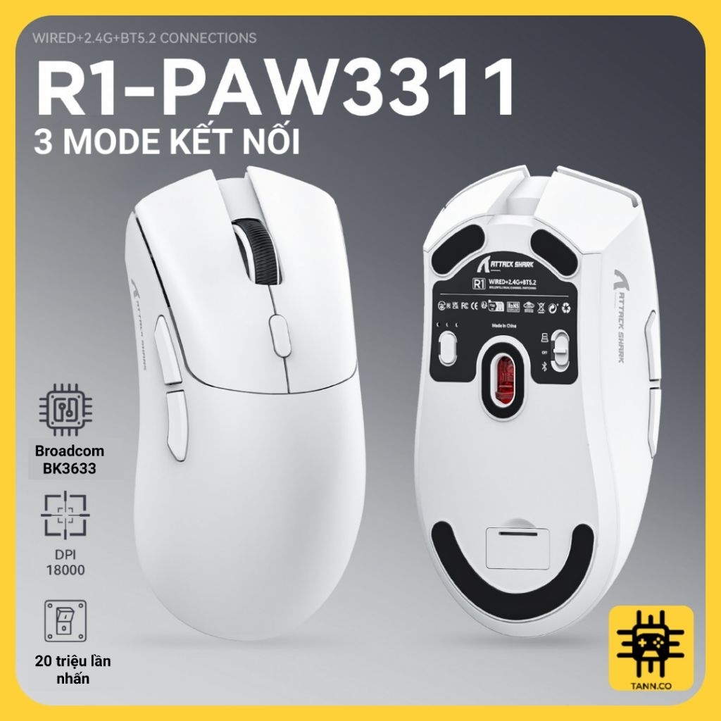 Chuột Gaming Attack Shark R1 - Công Nghệ Không Dây 3 Chế Độ, 18000DPI, Siêu Nhẹ 59g