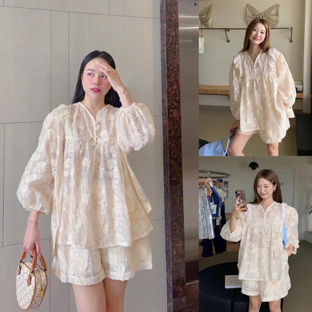 Set Quan Ao Màu Trắng Ren Hoa Oder China