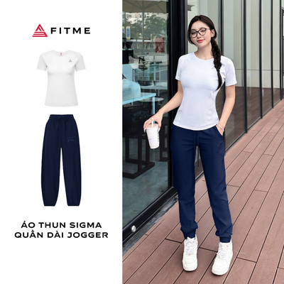 Bộ đồ thể thao nữ Fitme áo thun Sigma trắng, quần jogger thể thao ống rộng hỗ trợ tập gym pickleball