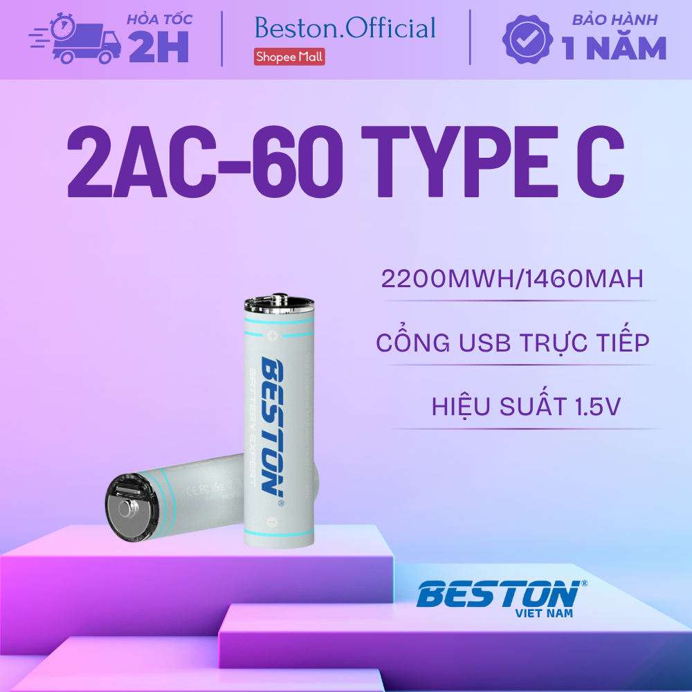 Vỉ 4 pin sạc USB 1.5V TypeC AA 2200mWh/1460mAh - (BẢO HÀNH 1 NĂM) - BESTON
