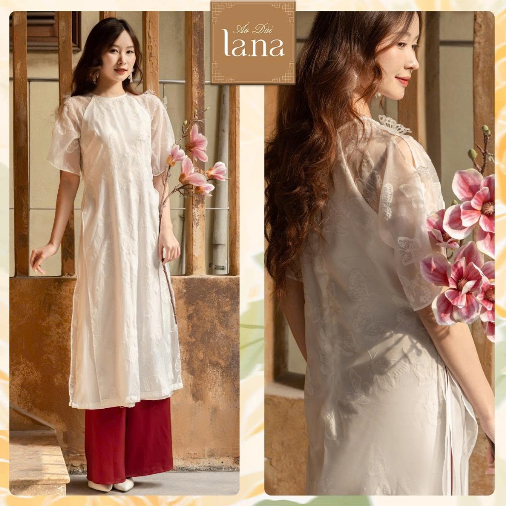 Áo dài nữ thiết kế Ngọc Diệp họa tiết thêu bướm chất áo tơ tằm ép nhung phối lụa latin cao cấp - SD0