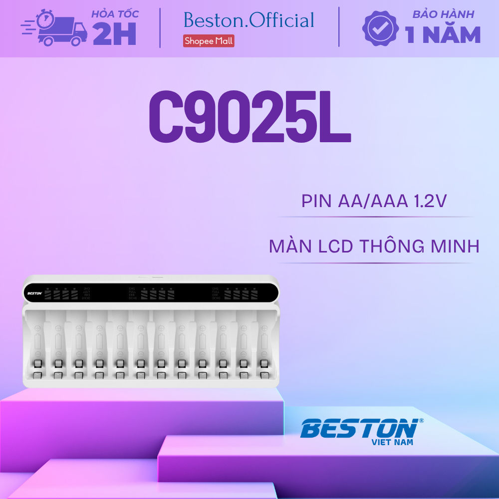 Sạc thông minh C9025L dành cho pin AA/AAA 1.2V - 12 slot tiện lợi - (BẢO HÀNH 1 NĂM) - BESTON