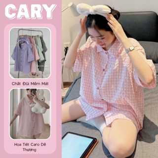 Bộ đồ ngủ caro CARY nhiều màu mặc nhà mùa hè chất liệu đũi xốp mềm mịn thoáng mát dễ thương