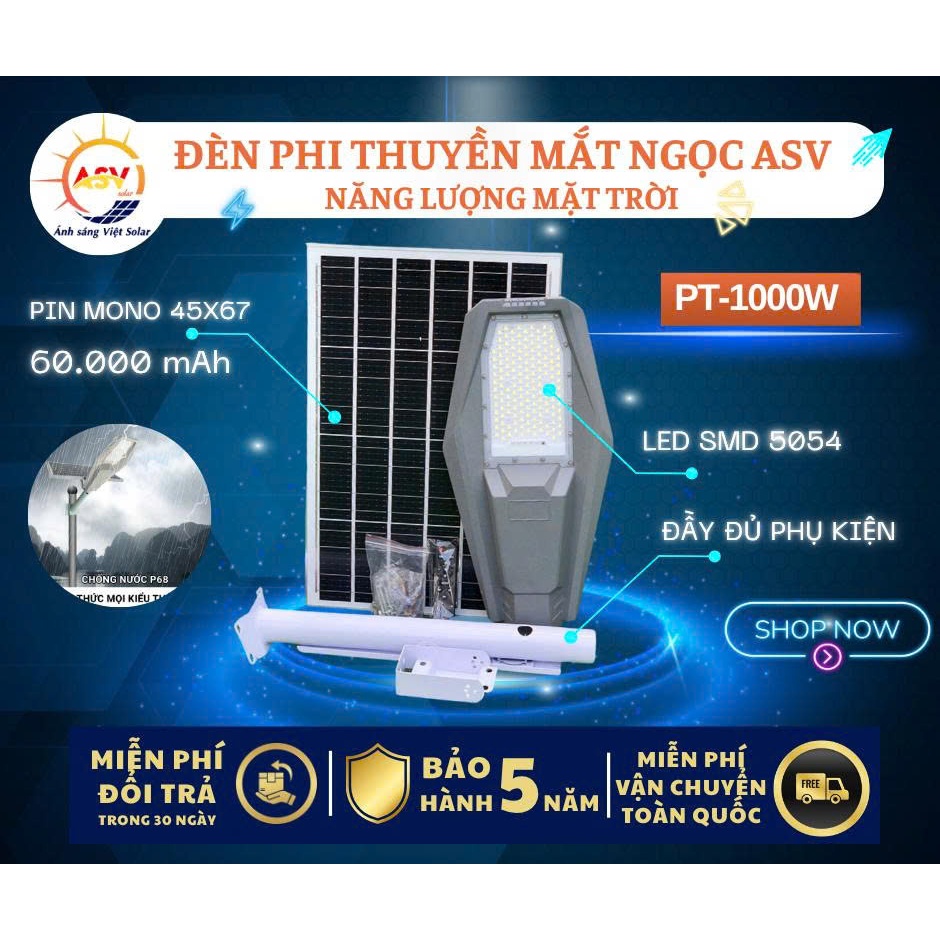 Đèn Đường Phi Thuyền Năng Lượng Mặt Trời ASV SOLAR 1000W. Vỏ Nhôm Bền, IP68 Chống Chịu Mọi Thời Tiết