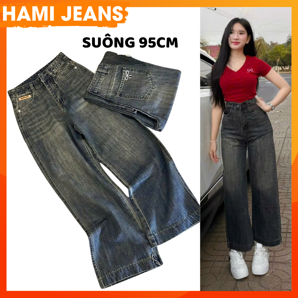 Suông lỡ 95cm Quần jean nữ ống rộng quần jean ống suông lỡ dài 95cm túi thêu nơ