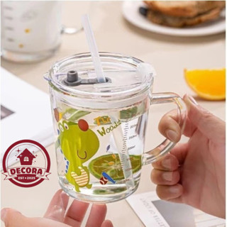 Cốc Thủy Tinh Pha Sữa Có Chia Vạch 400ML Có Tay Cầm, Nắp Và Ống Hút Chống Tràn Tiện Lợi- Bình Tập Uống Nước-Decora shop