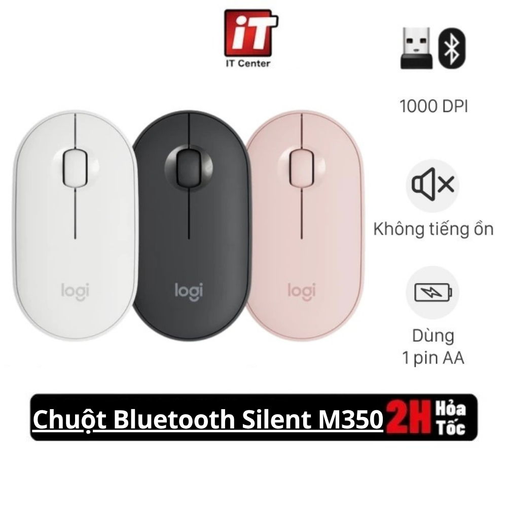 Chuột Bluetooth phù hợp sử dụng Macbook M350 Pebble Silent, Kết Nối 2 chế độ Bluetooth/USB Nhỏ Gọn