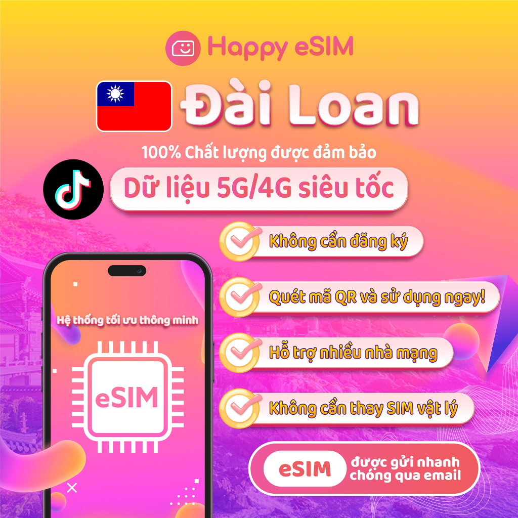 Happyesim eSIM Đài Loan | Gói dung lượng 10GB–50GB | Gửi QR qua email