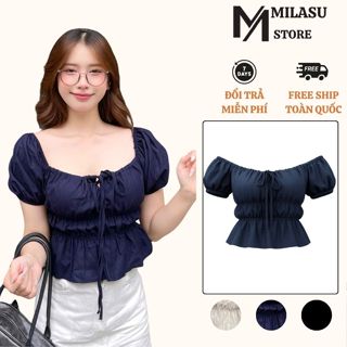 Áo Babydoll Tay Bồng Nhún Eo Milasu Áo Bèo Cổ Vuông Trễ Vai Thắt Nơ 445