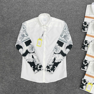 Áo sơ mi trắng nam dài tay PB lụa nến thân trơn phối hai tay in hoạ tiết hoa văn đen trắng boy phố
