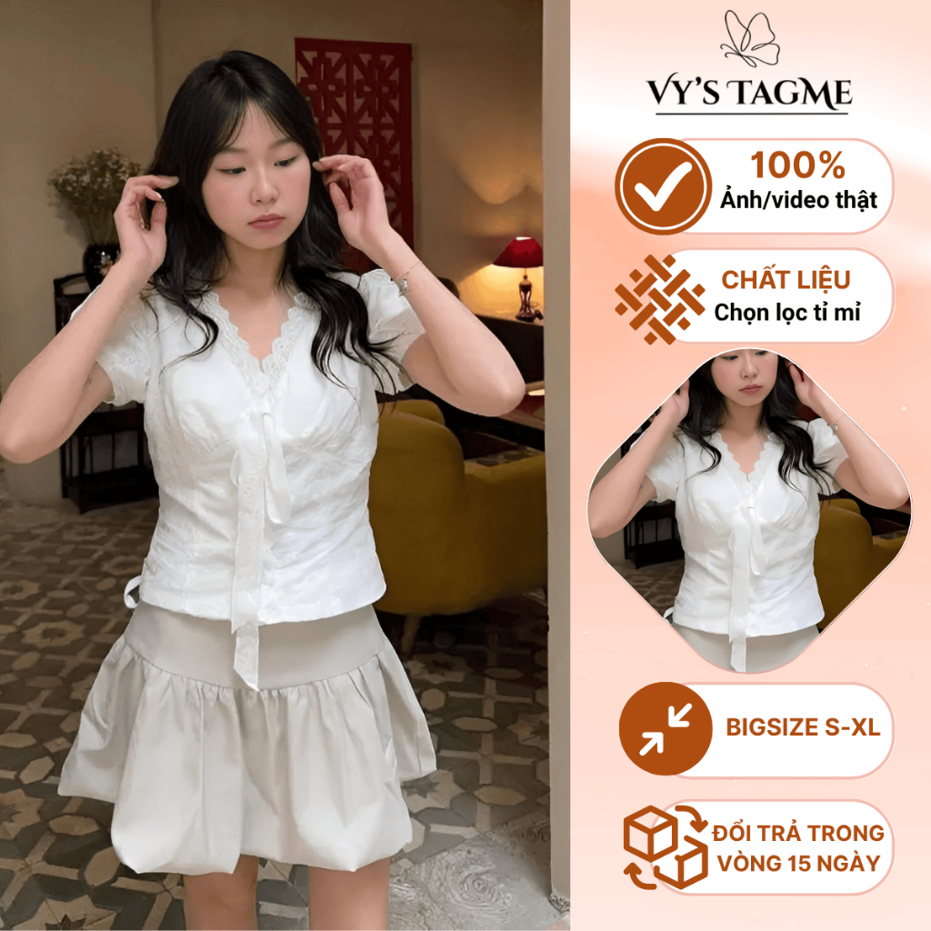 [ có Big size] Áo kiểu nữ, áo xô hoa trắng cổ V phối nơ TM42 - Tagme
