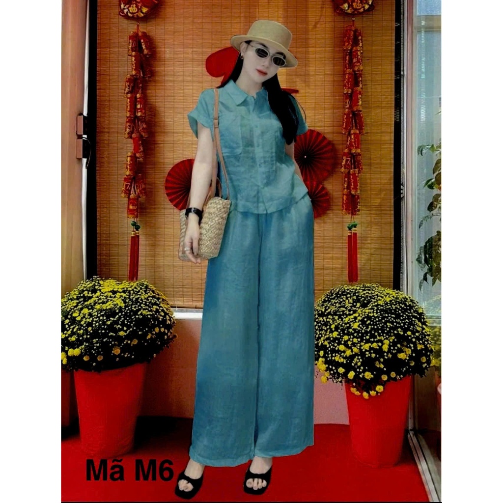 Sét Đồ Nữ Sơ Mi 7 Màu- Tay Ngắn, Quần Ống Xuông, Lưng thun phía sau, chất Liệu Đũi Tơ Xước,Không Co 