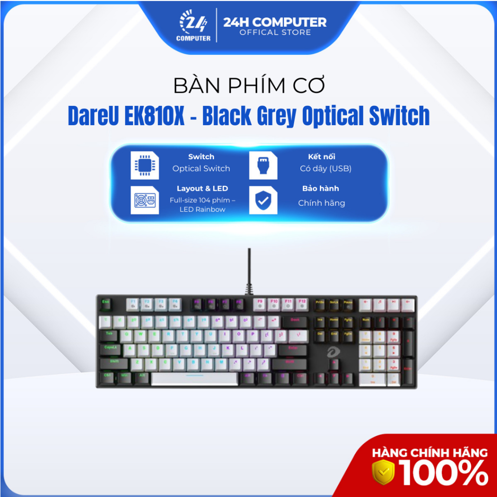 Bàn phím cơ có Dây DareU EK810X - Black Grey Optical Switch NEW, 24H Computer - Bảo Hành 24 Tháng