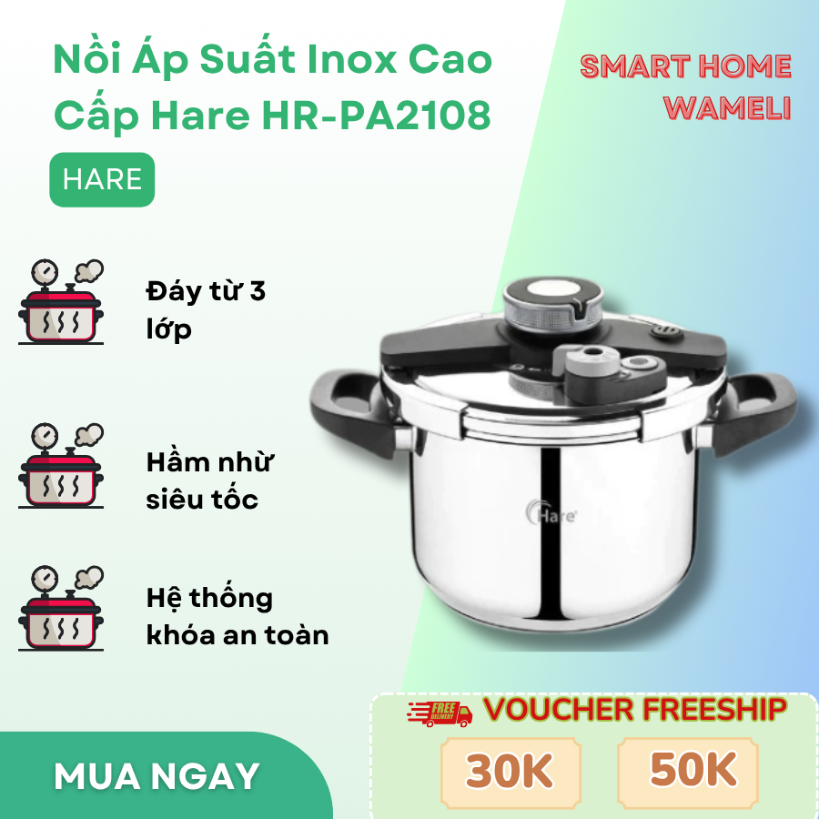 Nồi áp suất inox cao cấp Hare 304 đáy từ HR-PA2108, Hầm nhanh, Dễ dùng, Bảo hành 1 năm