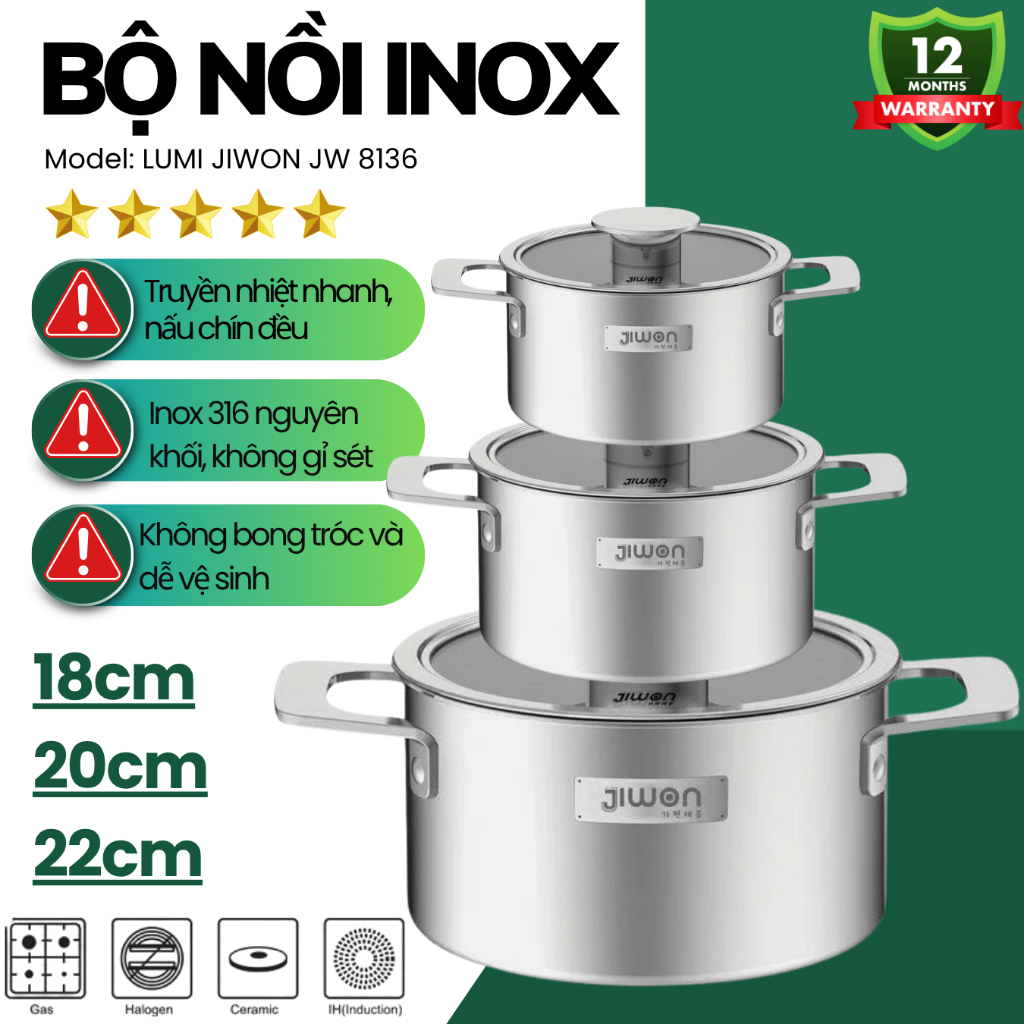 Nồi Inox LUMI JIWON JW-8136 Chất Liệu Inox 316 Tay Cầm Cách Nhiệt Vung Kính Dùng Mọi Loại Bếp