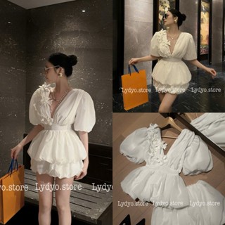 Váy đầm trắng ren cổ chữ V thiết kế bồng bèo dự tiệc cưới, tiểu thư cao cấp sang chảnh, tiệc cưới cô dâu sexy, đi bar