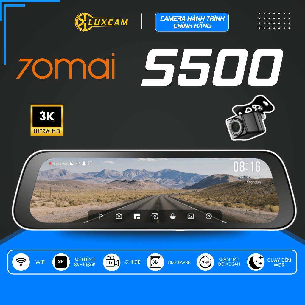 Camera hành trình Gương 70mai S500, Ghi hình 3K, Camera Sau RC13 1080P, Bản Quốc Tế - Chính Hãng