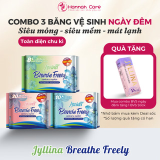 Combo 3 băng vệ sinh ngày đêm Jyllina Breathe Freely bạc hà mát lạnh khử mùi siêu thấm hút