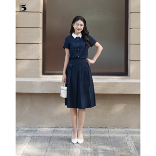 Set áo kiểu Twentyfive ngắn tay cài nơ cổ và chân váy xếp ly xòe dáng dài SAVH44