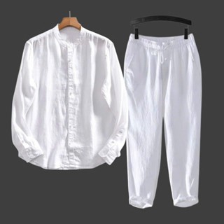 Set bộ quần áo nam basic gồm áo sơ mi trơn mix quần dài Linen thời trang cao cấp trẻ trung