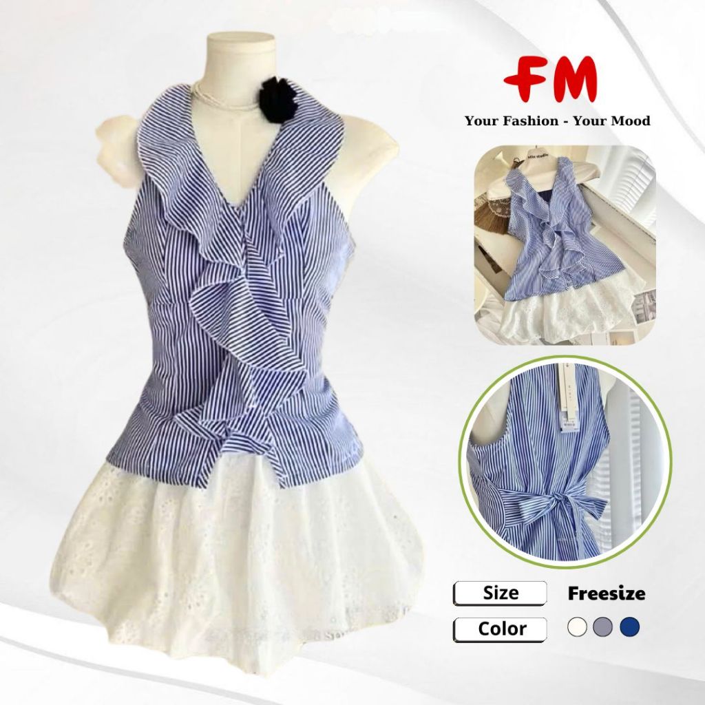 Set Váy Kiểu Sát Nách FMSTYLE Chân váy ren+Áo kiểu sát nách kẻ cổ timbèo dễ thương Hottrend 25070337