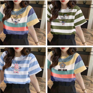 Áo Phông Nữ Kẻ Sọc In Nhiều Hình Phong Cách Hàn Quốc Áo Thun Nữ Cổ Tròn Tay Ngắn