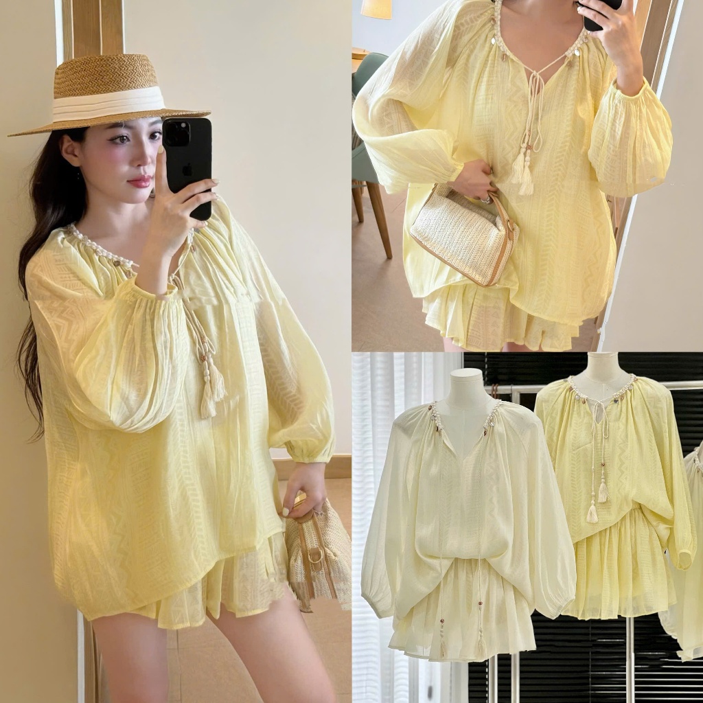 ( Hàng Shop) : Set Bộ Tơ Đũi Vàng Tay Bồng Phối Dây Chuông Mix Chân Váy Tơ Cạp Chun 2 Lớp Xịn Xò - Ả