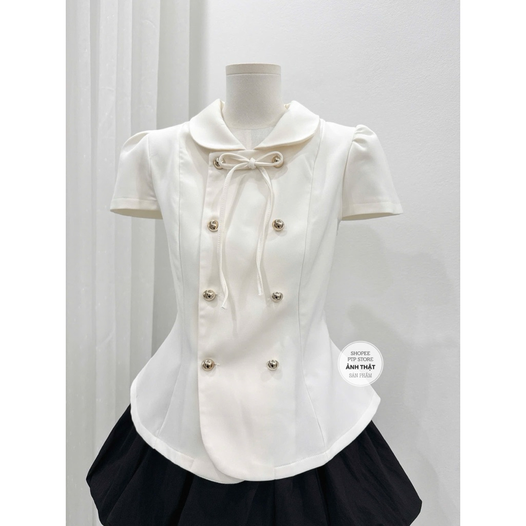 [A0.228] Áo Thiết Kể Cổ Sen Đính Nơ 2 Hàng Cúc Tay Hến Chiết Ly Eo Sang Chảnh | BigBuy360 - bigbuy360.vn