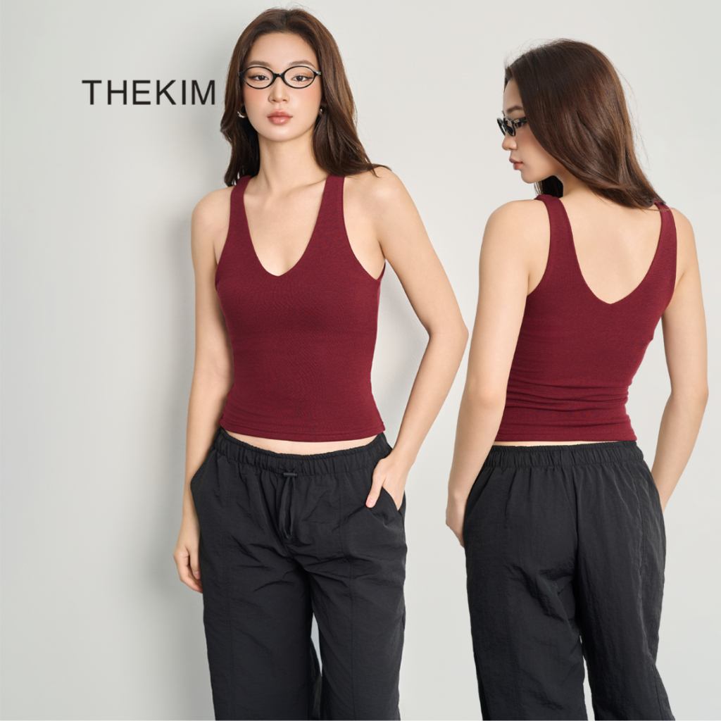 THEKIM Áo sát nách cổ tim sâu ( mút ngực tháo rời ) , Áo ba lỗ cổ tim vải soft zip cotton 2 lớp T283