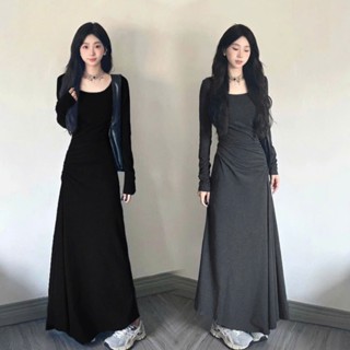  Váy đầm nhún eo dài tay ôm body xòe chữ A thu đông chất thun co giãn hottrend MOQC SP70 