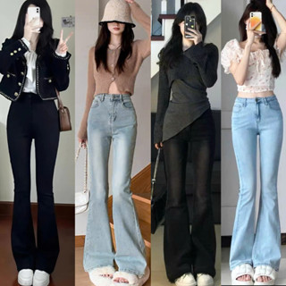 Quần Jeans Nữ Ống Loe Renhouse Lưng Cao Màu Đen Wash RETRO Chất Dày Dặn Co Giãn Tốt cạp cao ôm eo gọn chân