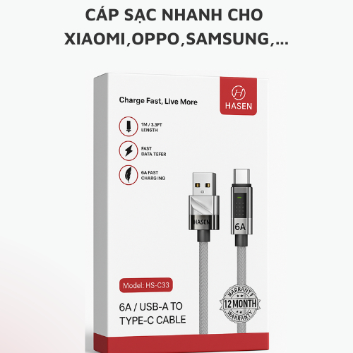 Cáp Sạc Nhanh HASEN HS-C33 TYPE 6A - Hỗ trợ Sạc Nhanh Vooc, Mi Turbo,Sạc Nhanh PD, PPS – Sạc nhanh 6