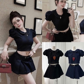Set Áo Bò Cổ Sen Croptop Cộc Tay 2 Màu Basic Mix Chân Váy Xếp Ly Cùng Tone Kèm Đai Da Xịn Xò - Ảnh Thật Lollaye