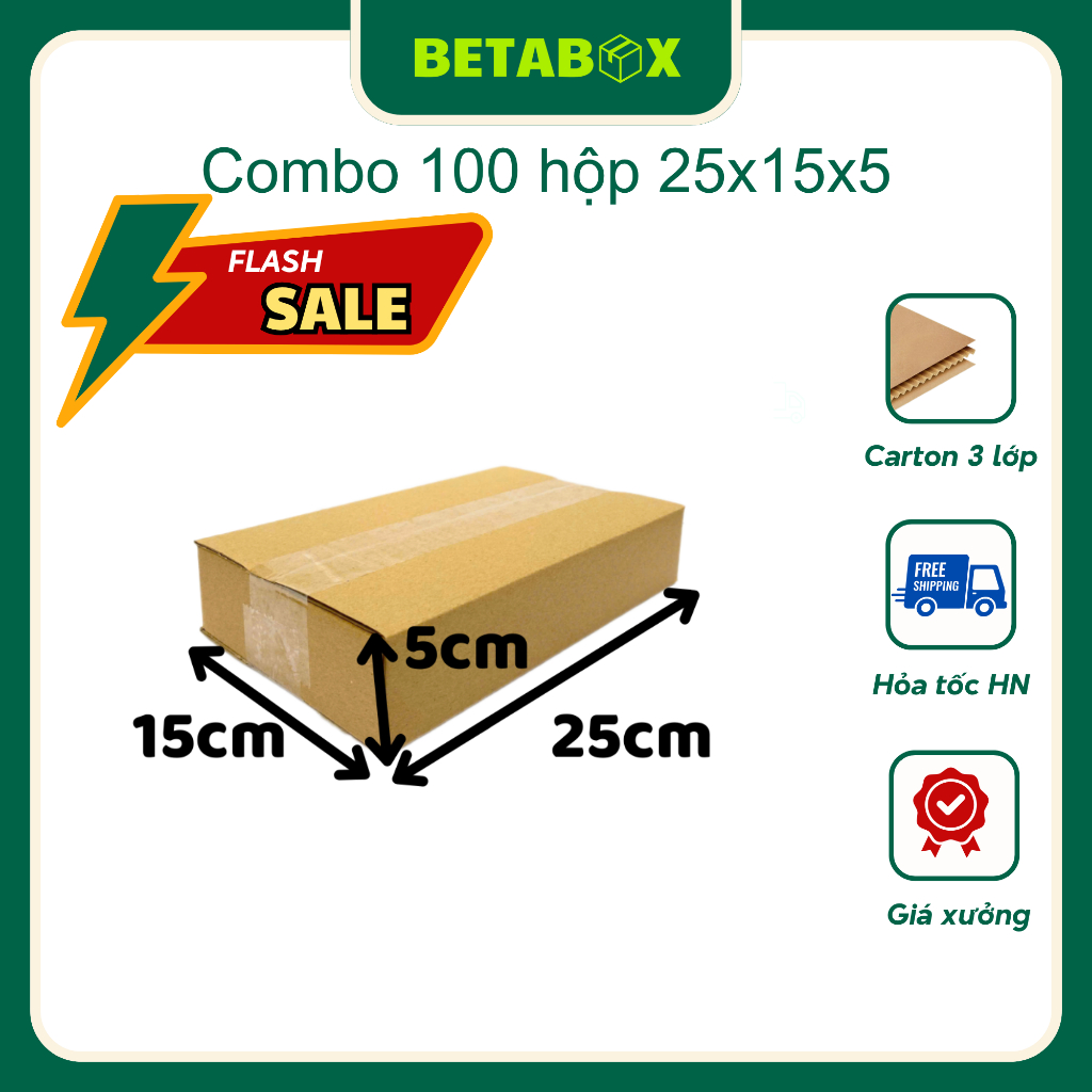 BETABOX - 25x15x5 Combo 100 Hộp carton, bìa catton đóng hàng
