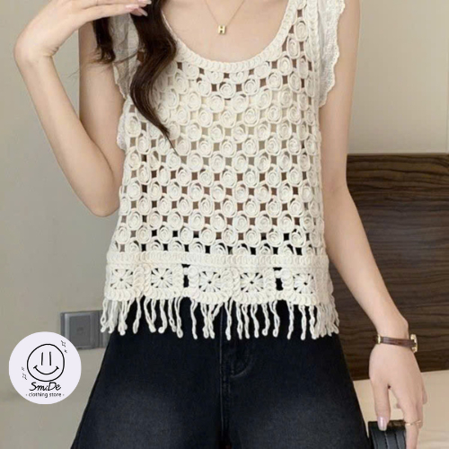 Áo Len Móc Không Tay Dáng Ngắn Phong Cách Hàn Quốc Dành Cho Nữ, Áo Len Lưới Sát Nách Tua Rua Mùa Hè 