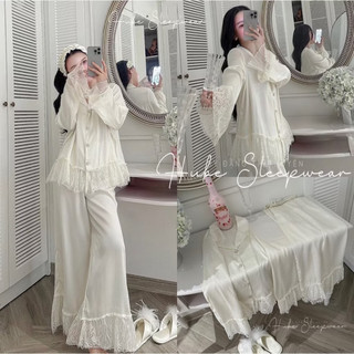 < Có sẵn > ( CAO CẤP ) Bộ Ngủ Lụa Xước Dáng Dài Viền Ren To Bản Cúc Đá Lyly Tiểu Thư QC Loại 1 Cao Cấp - Hube Sleepwear