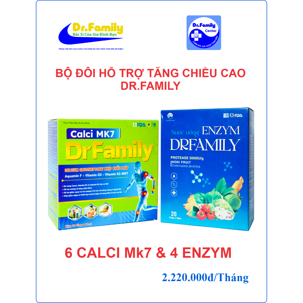 Combo Tăng Chiều Cao DrFamily 6 Hộp Canxi Hữu Cơ MK7 & 3 Hộp Enzym/ Tăng Chiều Cao Vượt Trội
