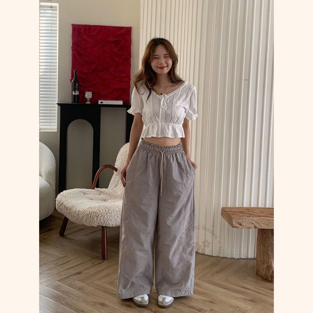 𝐌𝐢𝐧𝐢 𝐇𝐨𝐮𝐬𝐞 - Quần ống rộng vải gió nhăn thoáng mát mùa hè phối cạp chun năng động basic 3 MÀU | BigBuy360 - bigbuy360.vn